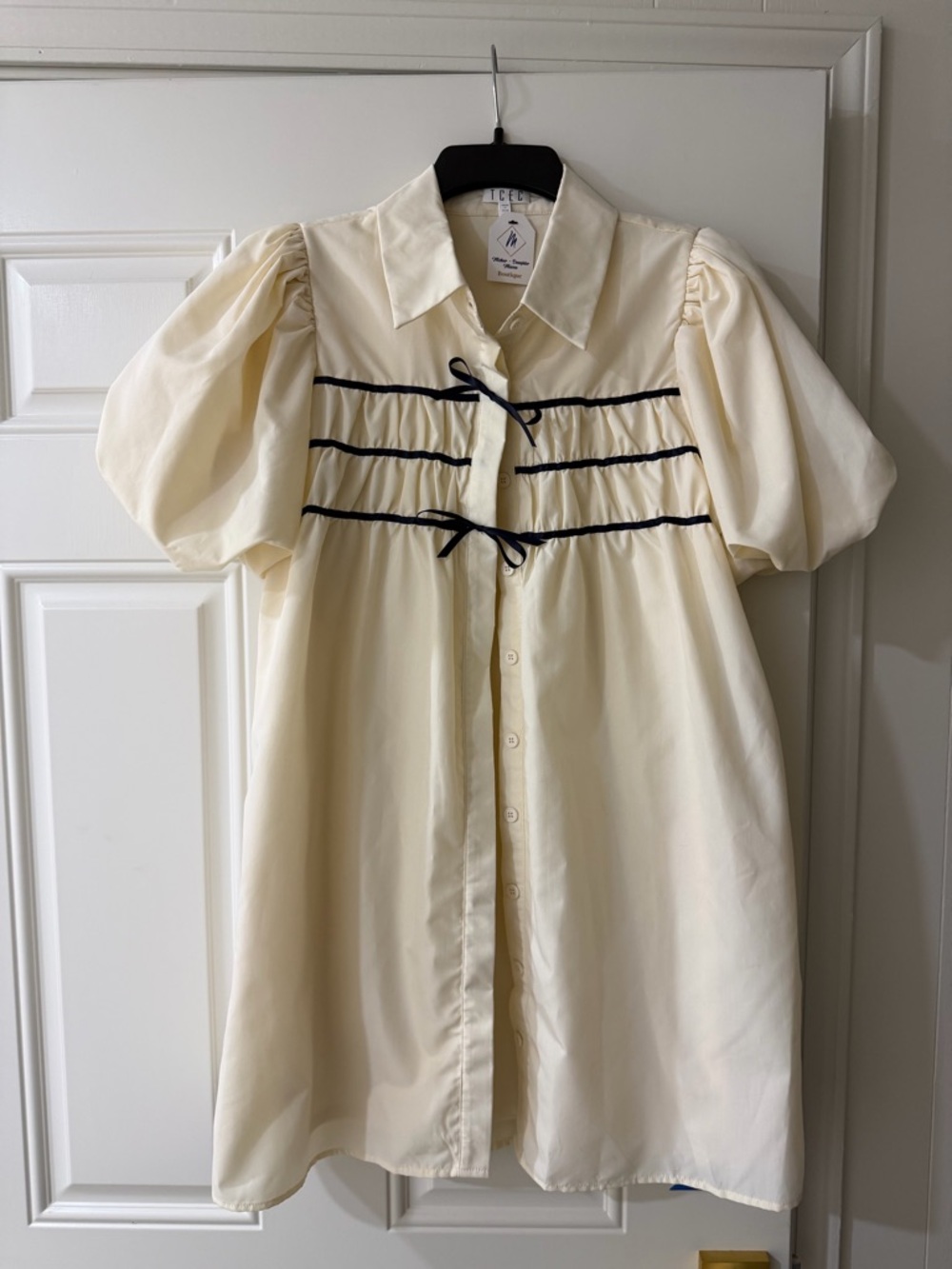 TCEC Cream Button-Up Top with Navy Ribbon Accents